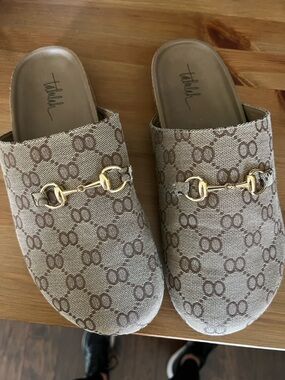 Talulah Beige Patterned Slip-On Mules with Gold Bit Detail